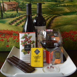 Virtual Tasting Experience: Wine, Cheese & Chocolate Culinary Delux (3 Cheeses | 3 Chocolate Bars | 2 Bottles of Wine | Shipping Included)