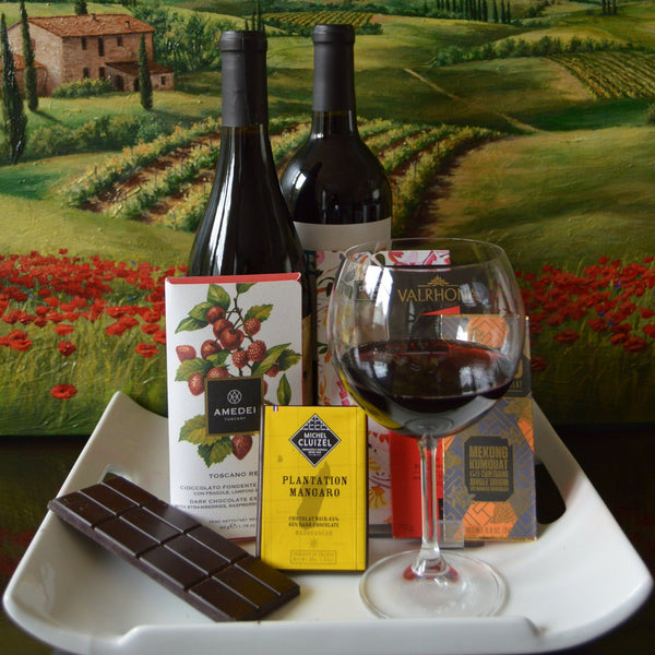 Virtual Tasting Experience: Wine, Cheese & Chocolate Culinary Delux (3 Cheeses | 3 Chocolate Bars | 2 Bottles of Wine | Shipping Included)